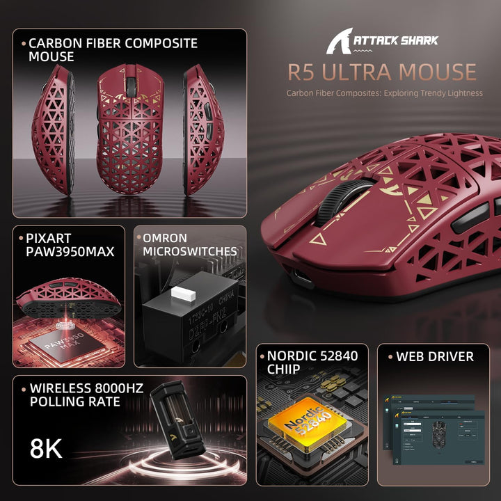 ATTACK SHARK R5 Ultra Carbonfaser Gaming-Maus, 39g Superlight, 8000Hz Kabellose Mouse, 42000 DPI, PA