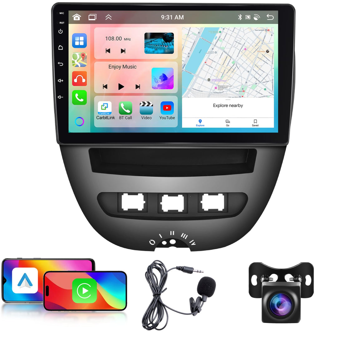 Podofo 10,1 Zoll Autoradio für Peugeot 107/Citroen C1/Toyota Aygo, kabelloses Carplay, Android Auto,