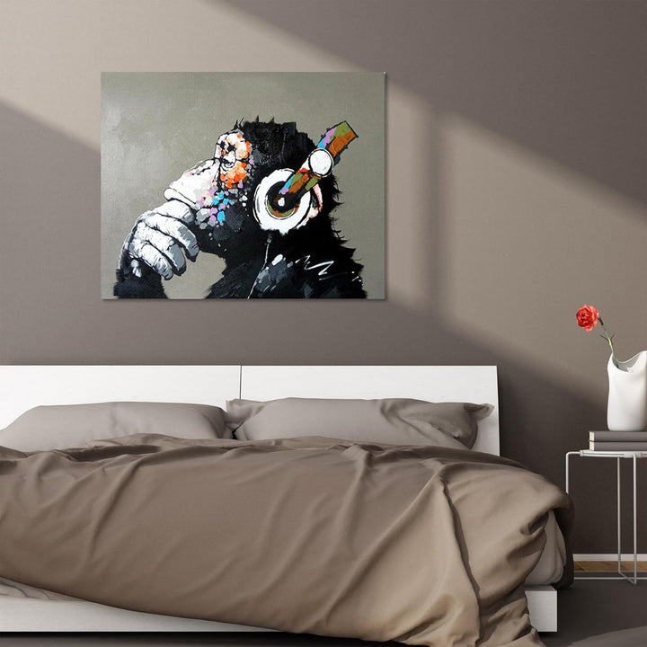 Fokenzary Handgemaltes Ölgemälde auf Leinwand Pop Art Putziger Schimpanse hört Musik mit Kopfhörer m