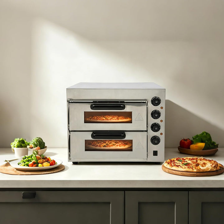 3000W Pizzaofen 2 Etagen, Edelstahl Elektrisch mit Handschuhe