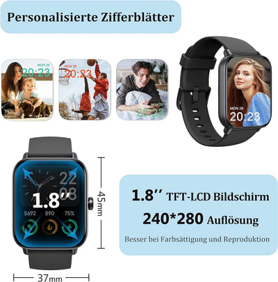 KALINCO Smartwatch für Damen Herren, Fitnessuhr 1.8 Zoll mit Telefonfunktion, Fitness Tracker Alexa