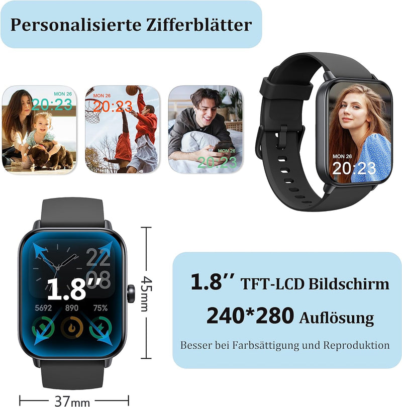 KALINCO Smartwatch für Damen Herren, Fitnessuhr 1.8 Zoll mit Telefonfunktion, Fitness Tracker Alexa