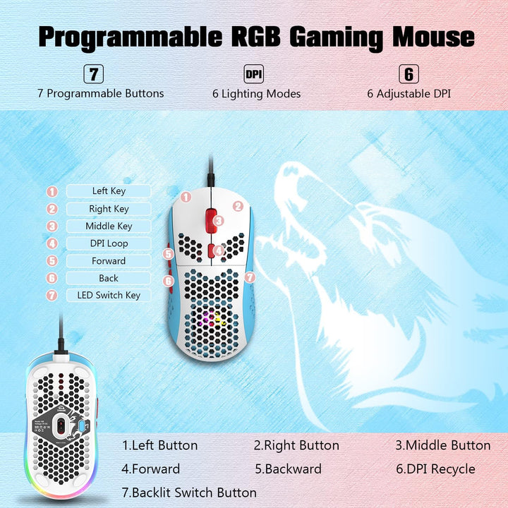 383 PRO Ultraleichte kabelgebundene Gaming-Maus, leichte Wabenschale, 6 RGB-atmungsaktive Hintergrun