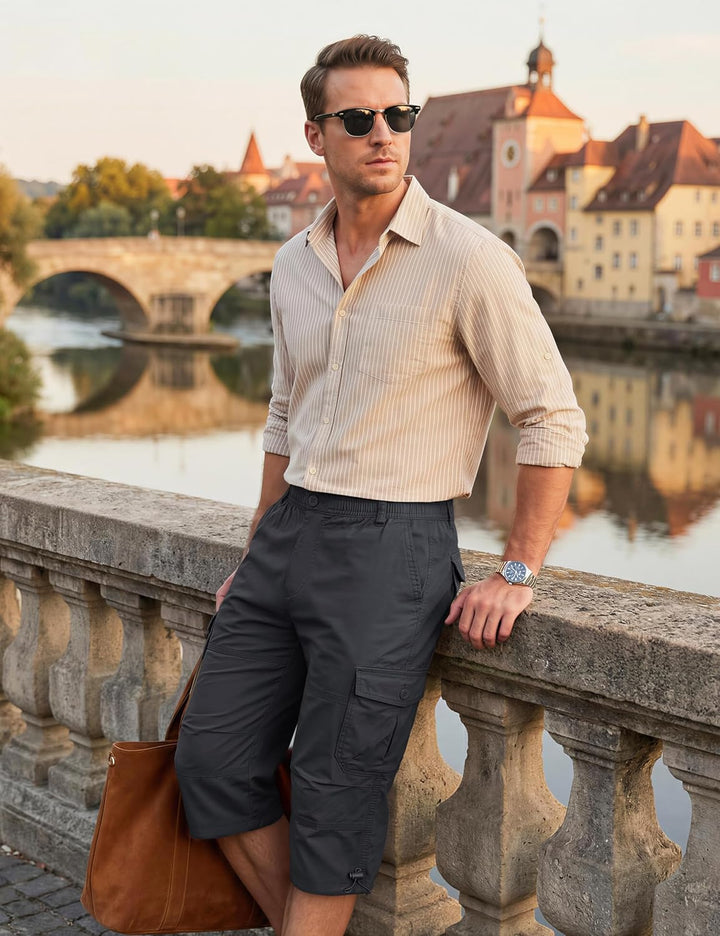 KEFITEVD 3/4 Hose Herren Cargo Shorts Männer Bermuda Shorts Multi Taschen Sommer Kurze Hose Baumwoll
