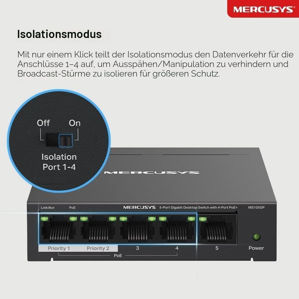 Mercusys MS105GP PoE Switch 5-Port Gigabit LAN Switch mit 4 PoE+ Ports (65 Watt, IEEE-802.3af/at PoE