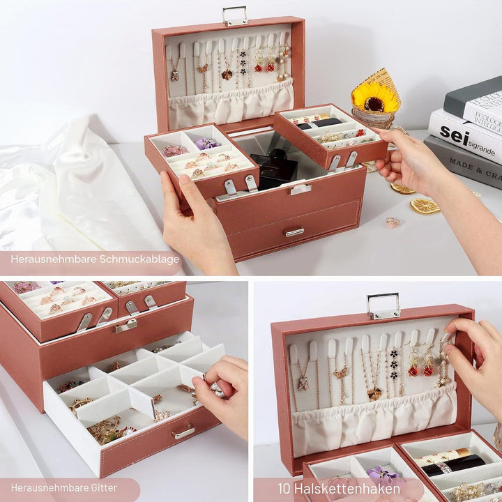 Schmuckkasten, Schmuckkästchen mit Schubladen für Damen Mädchen, PU-Leder Jewelry Box Schmuckbox Sch