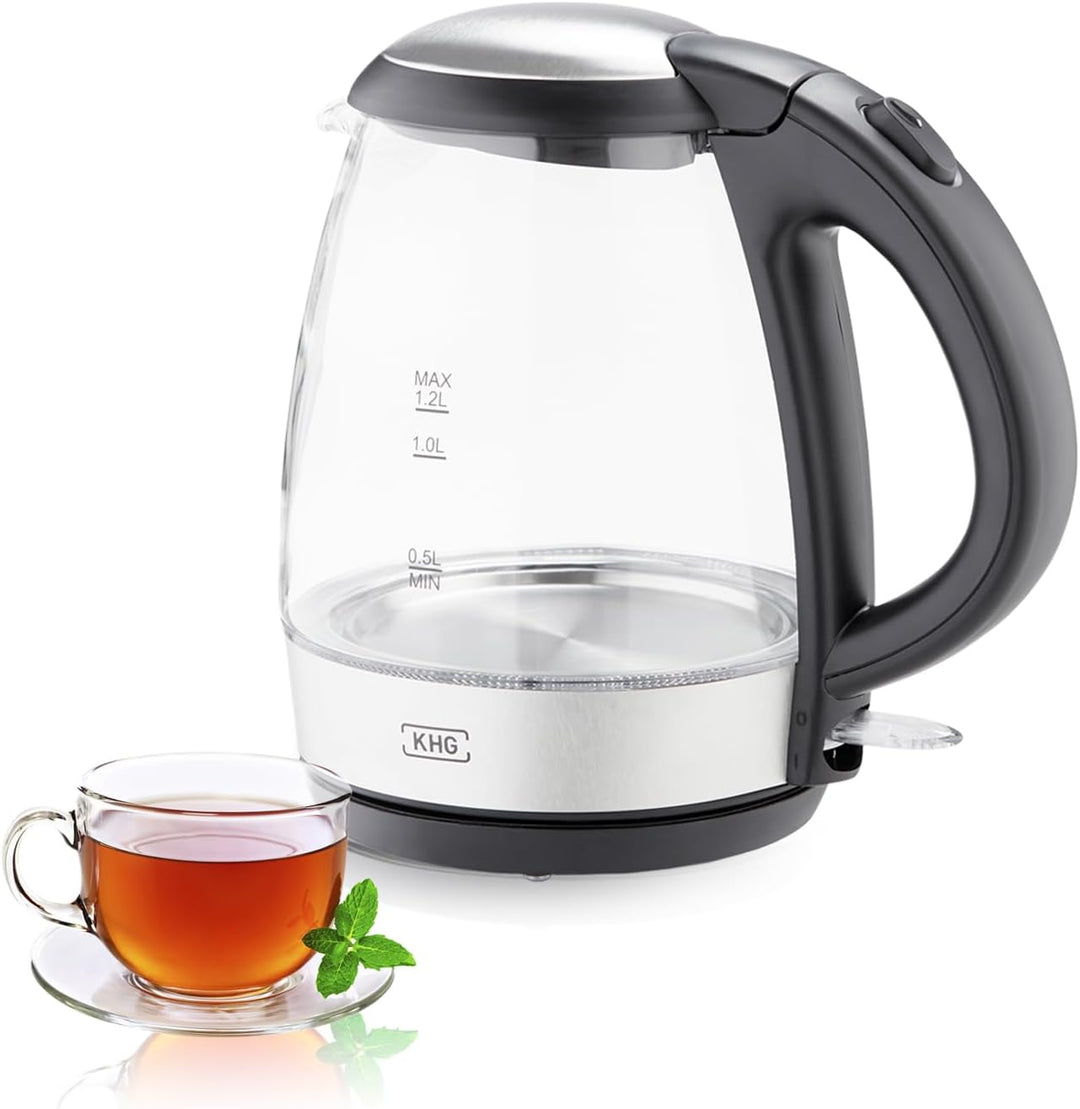 KHG Wasserkocher WK-121GES Glas LED, 1,2 Liter, abwaschbarer Kalkfilter, Wasserstandsanzeige, Öffnen