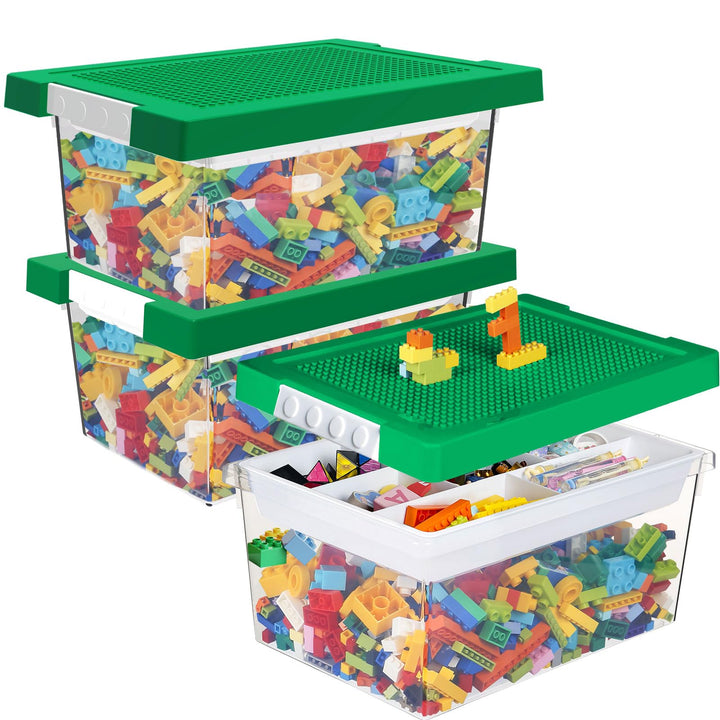 Greentainer Aufbewahrungsbox Spielzeug mit Deckel & AbnehmbaresTablett & Bauplatte,3er Spielzeug Box