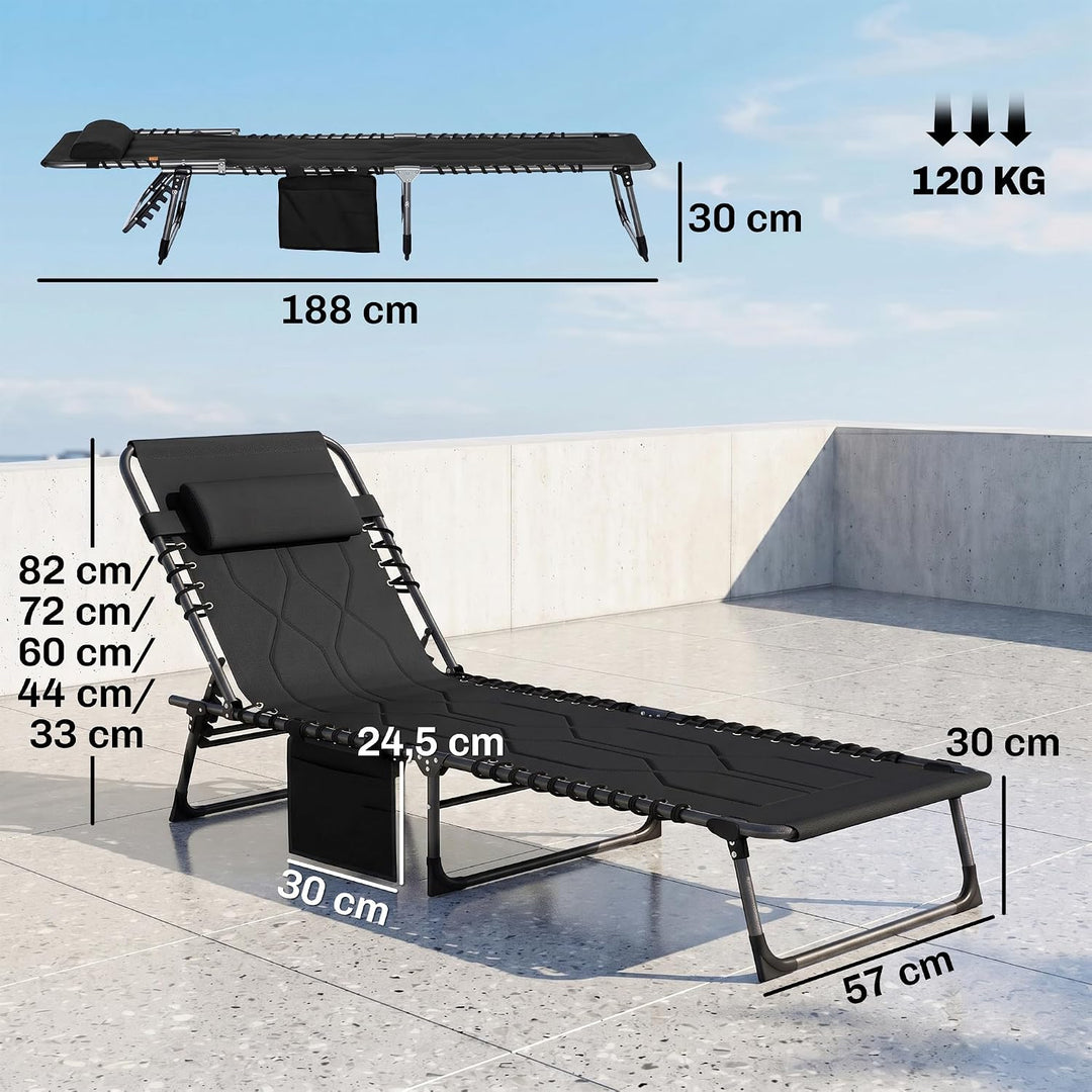Outsunny Sonnenliege Klappbare Gartenliege Kopfkissen Seitentasche Schwarz | Liegestuhl, 5-Fach Vers