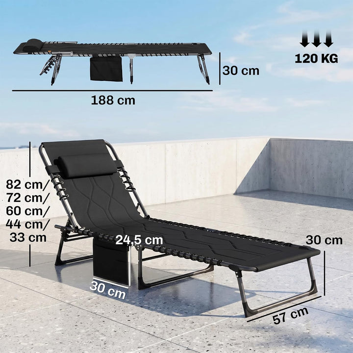 Outsunny Sonnenliege Klappbare Gartenliege Kopfkissen Seitentasche Schwarz | Liegestuhl, 5-Fach Vers