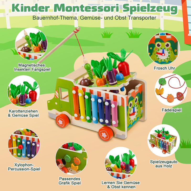 Goffii Montessori Spielzeug ab 1 2 3 4 Jahre, 10 in 1 Kinderspielzeug, Truck Holzspielzeug, Sortier