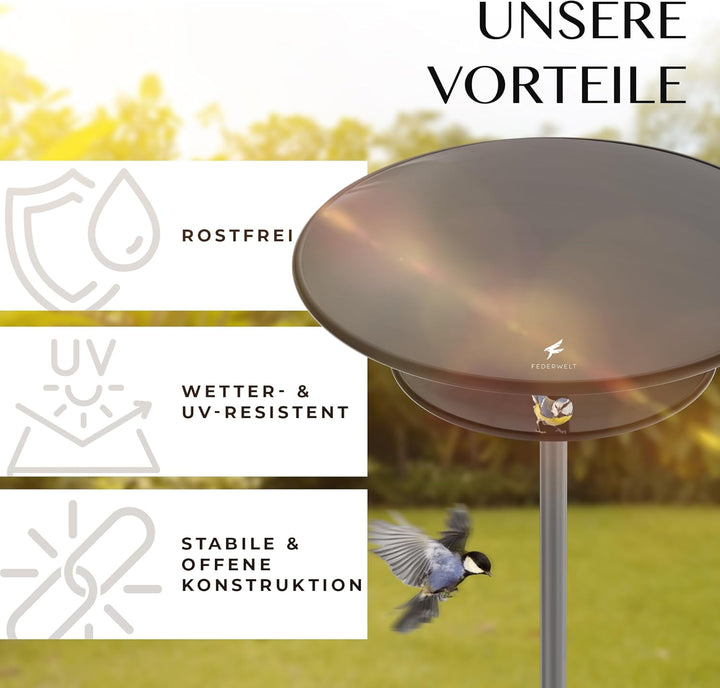 Vogelhaus mit Ständer wetterfest, rostfrei aus Stahl [XXL 40cm Dach] 2in1 Vogelfutterhaus und Vogelt