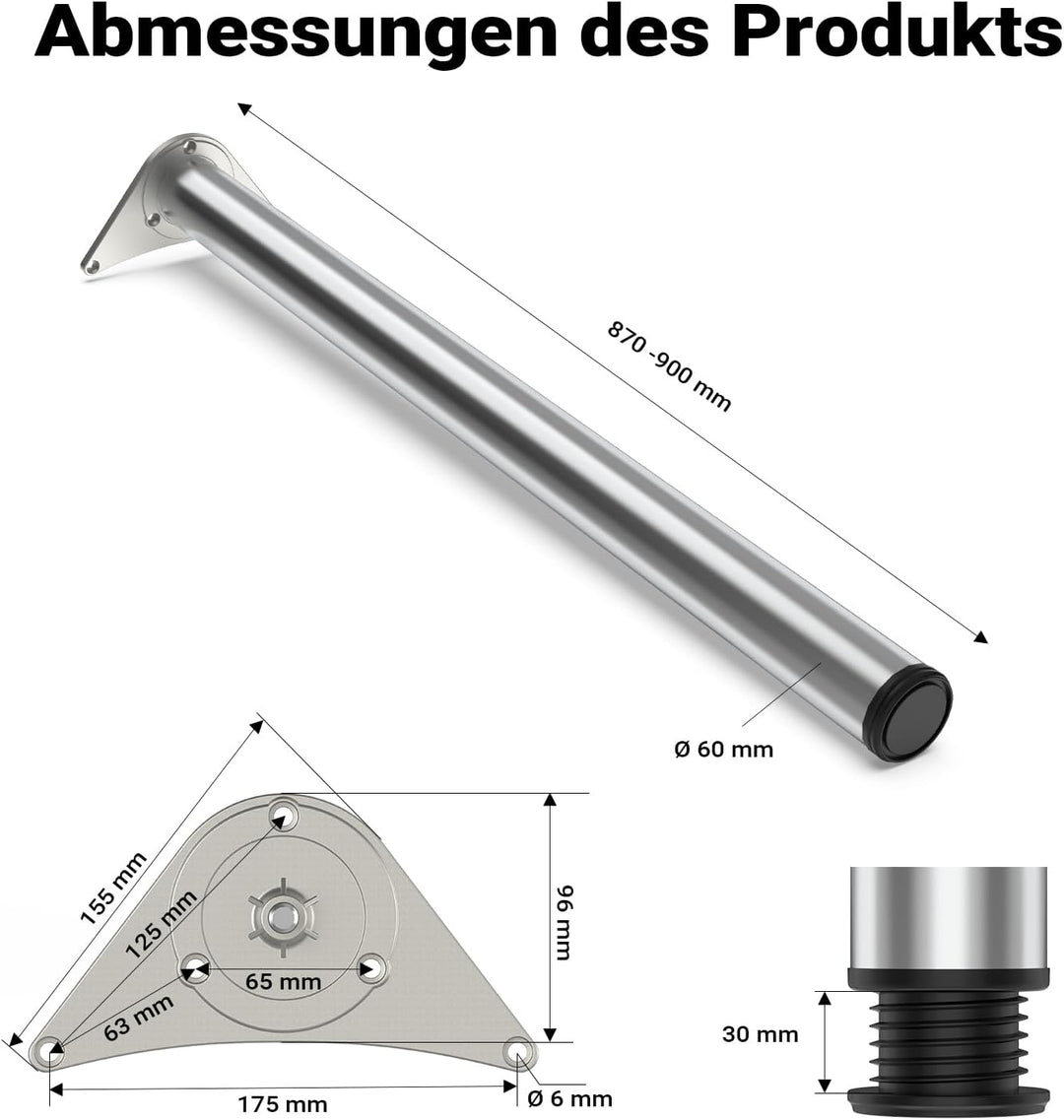 Wiltec Edelstahl Tischbein 4er Set Möbelfuss Verstellbar Ø60mm 870mm Chrom Chrom 870 mm, Chrom 870 m