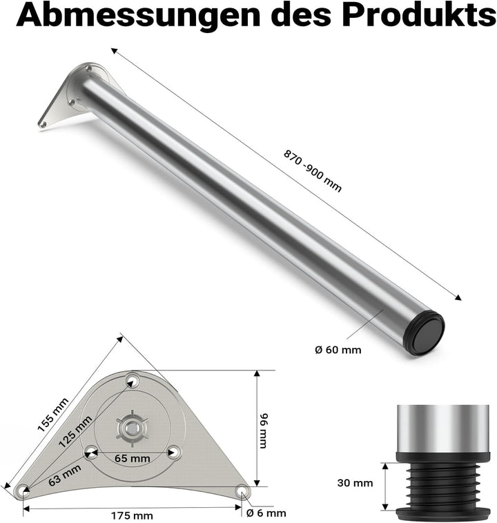Wiltec Edelstahl Tischbein 4er Set Möbelfuss Verstellbar Ø60mm 870mm Chrom Chrom 870 mm, Chrom 870 m