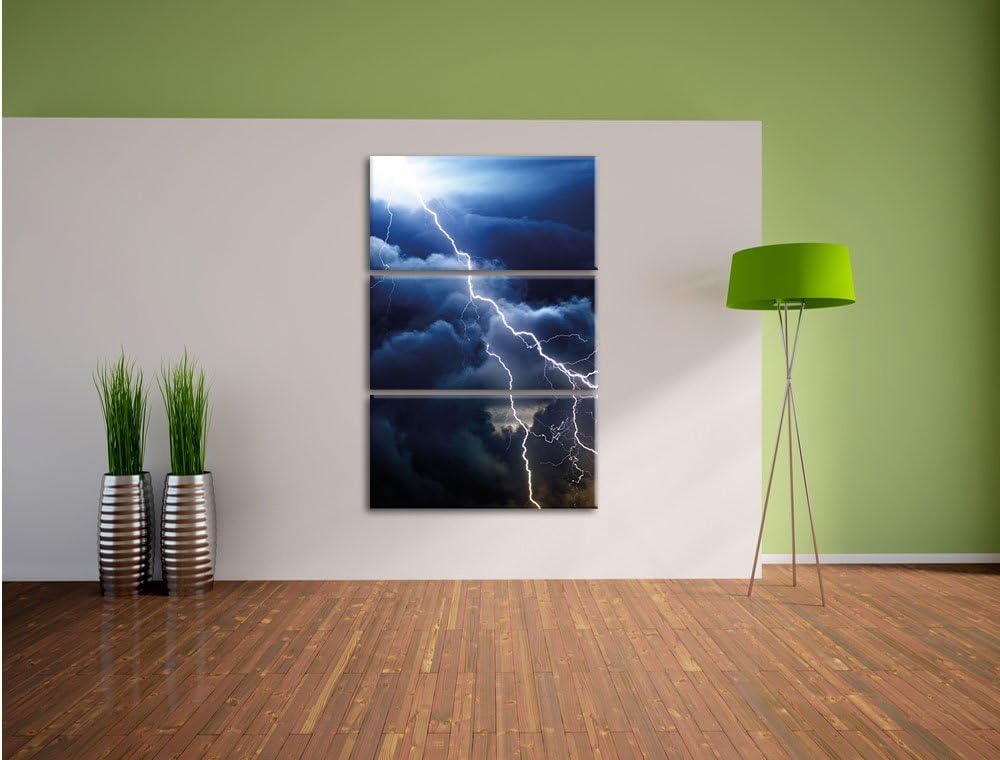 Pixxprint Blitze am Himmel 3-Teiler Leinwandbild 120x80 Bild auf Leinwand