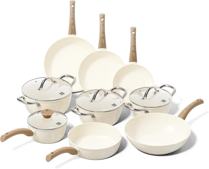 Cook & Pan - Go Ivory Topfset und Pfannenset 9-teilig-Induktionsgeeignet-PFAS frei Keramik-Beschicht