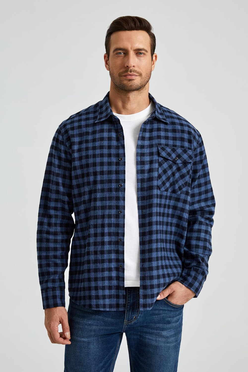 HISDERN Flanellhemd Herren Karierte Hemden Herren Langarm Button Down Baumwolle Holzfällerhemd Regul
