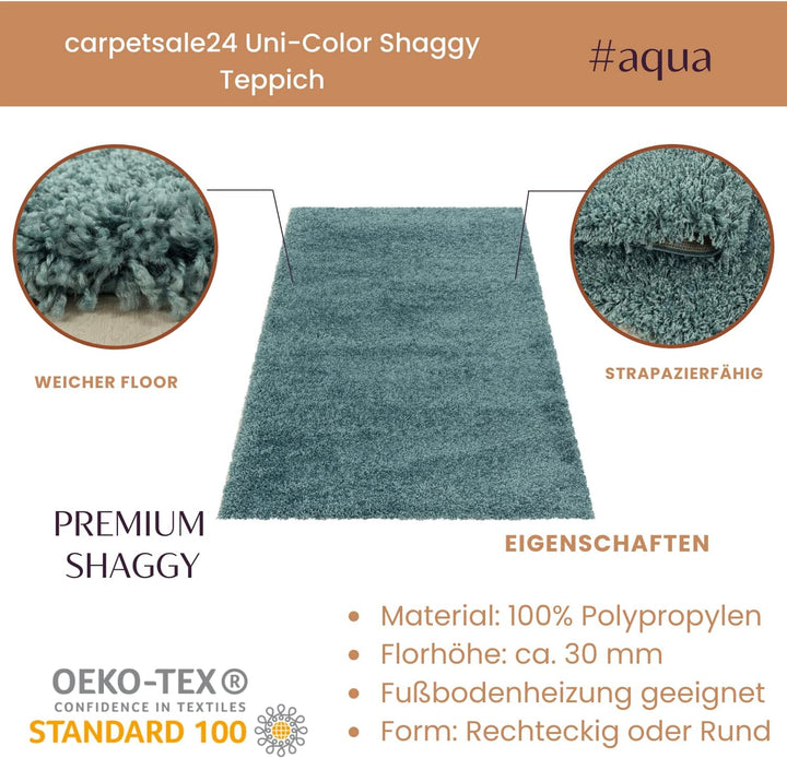 Shaggy Hochflor Teppich Läufer Flur 80 x 150 cm Aqua Blau - Modern Flauschiger Teppich Extra Weich,