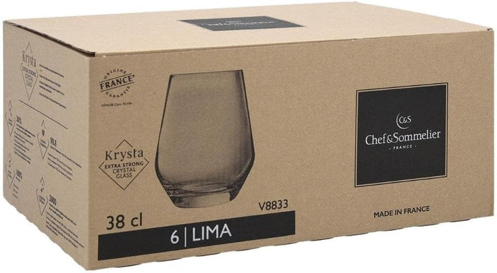 Chef & Sommelier Lima Box mit 6 hohen Gläsern, Krysta Eco 38 cl, kühlschrankgeeignet, nicht mikrowel