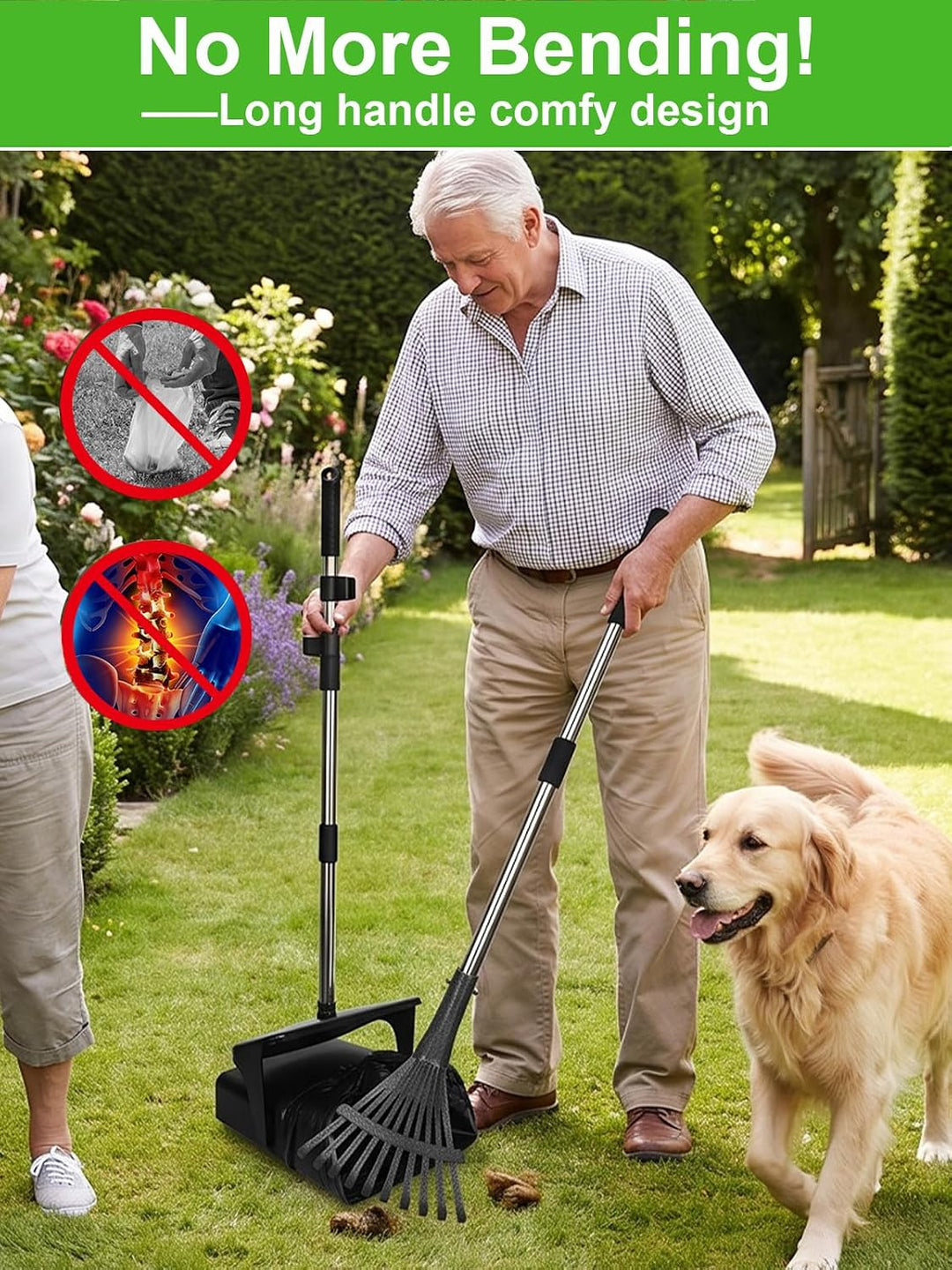 3-in-1 Edelstahl Hundekotschaufel Set für Garten &amp; Hof | Langer Griff, Rückenschonend. Geruchsreduzi