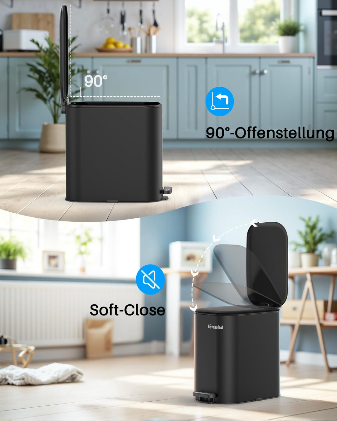 lovewind Mülleimer 20L mit Fusspedal, Schmaler Abfalleimer, Leise Schliessender Deckel, Entnehmbarer