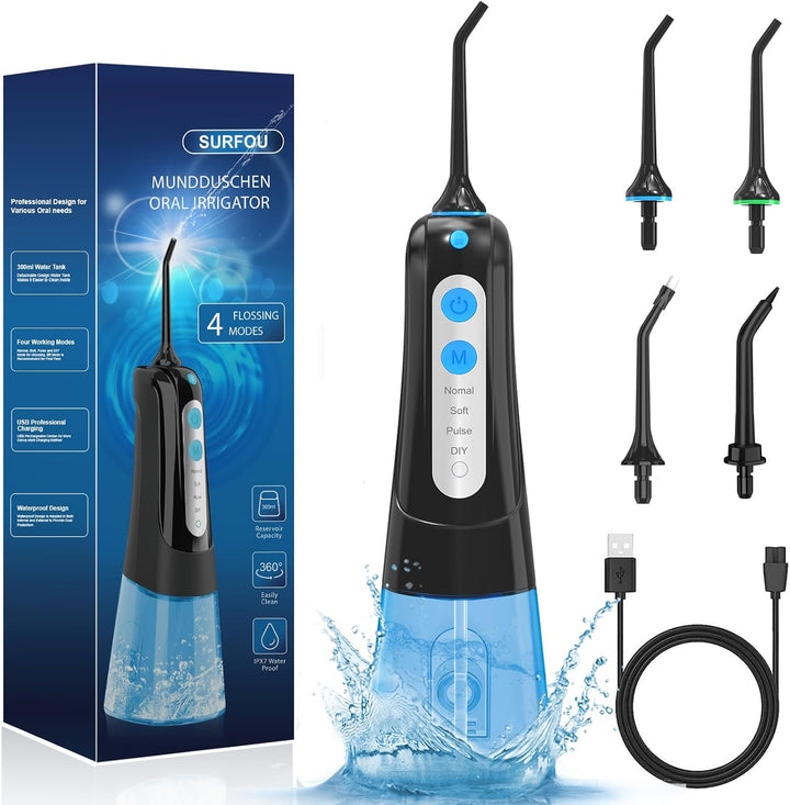 SURFOU Munddusche Kabellos Mundduschen 300ML 4 Modi 4 Düsen, Mundduschen Reise Water Flosser IPX7 Wa