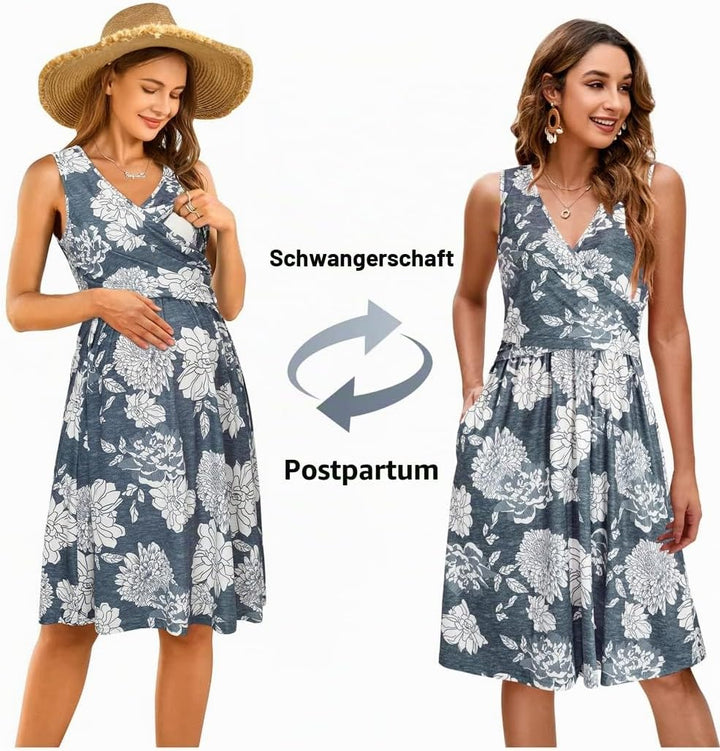 OUGES Damen Sommer Umstandskleid Midi Stillkleid Baumwolle Kleider für Schwangere Lässiges Umstandsm