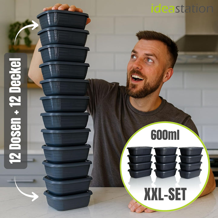 Gefrierdosen Set 12 x 600 ml - anthrazit - BPA-freie Frischhaltedosen mit Deckel - bruchsichere Dose