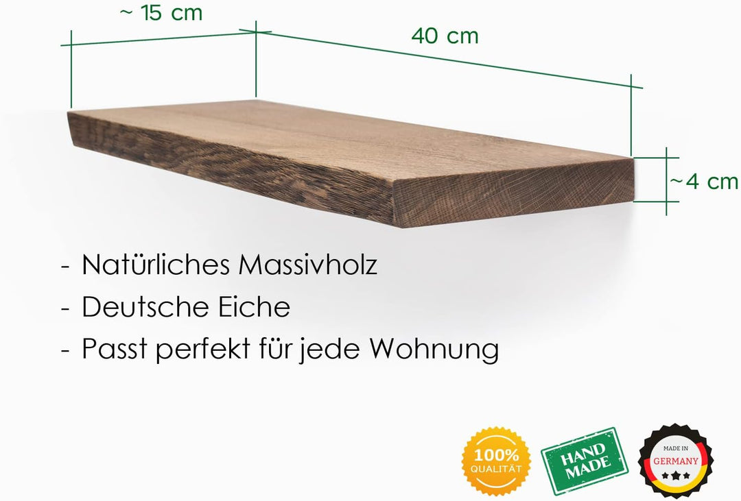Rikmani Wandregal Holz Eiche massiv dunkel - Handgefertigtes Regal mit Baumkante Bücherregal Holzreg