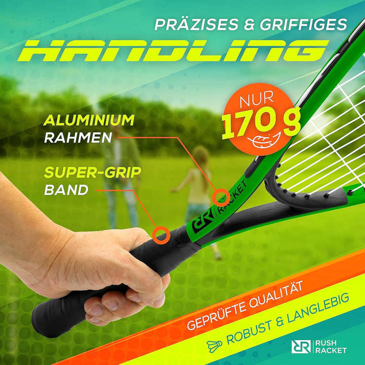Rush Racket Set RS3 Speed Badminton Set 5-teilig (2X Schläger, 5X Federbälle, 1x Softball, 8X Feldma