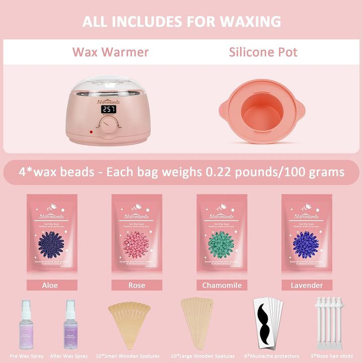 Waxing Kit - Digital Wax Warmer Machine for Hair Removal with 4 Packs of Hard Wax Beads &amp; Silicone P