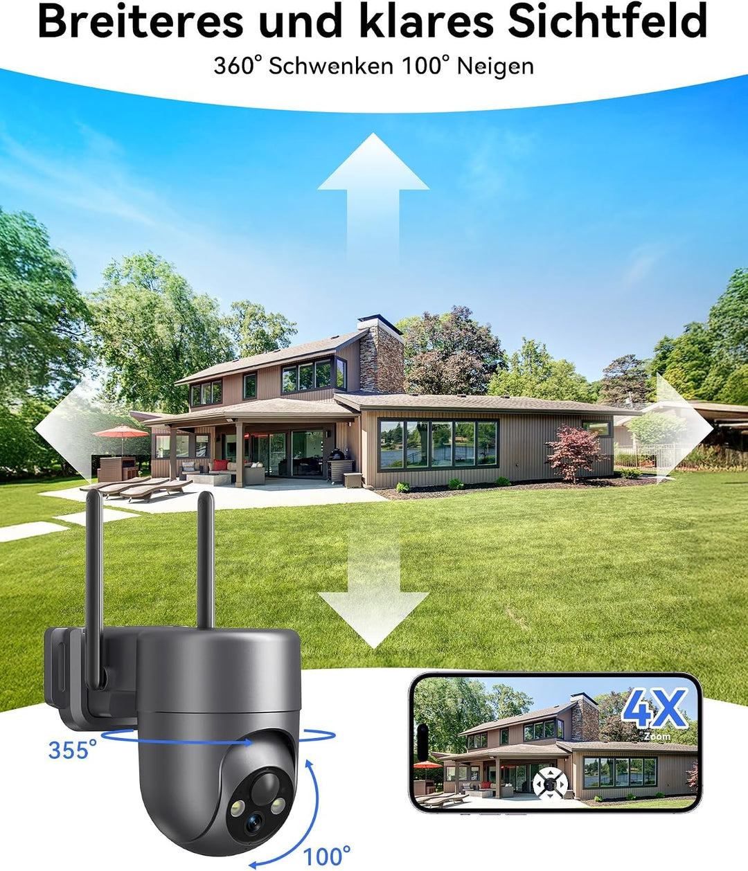 2K Überwachungskamera Aussen Solar WLAN, 2,4 GHz | 360° PTZ Kamera Überwachung Aussen Akku mit PIR-E
