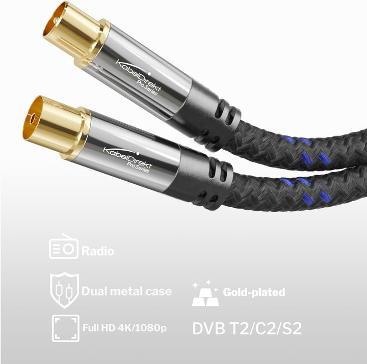 KabelDirekt – 4K Antennenkabel, Koaxialkabel, TV Kabel Nylon – 7,5 m – Fernsehkabel mit bruchfestem