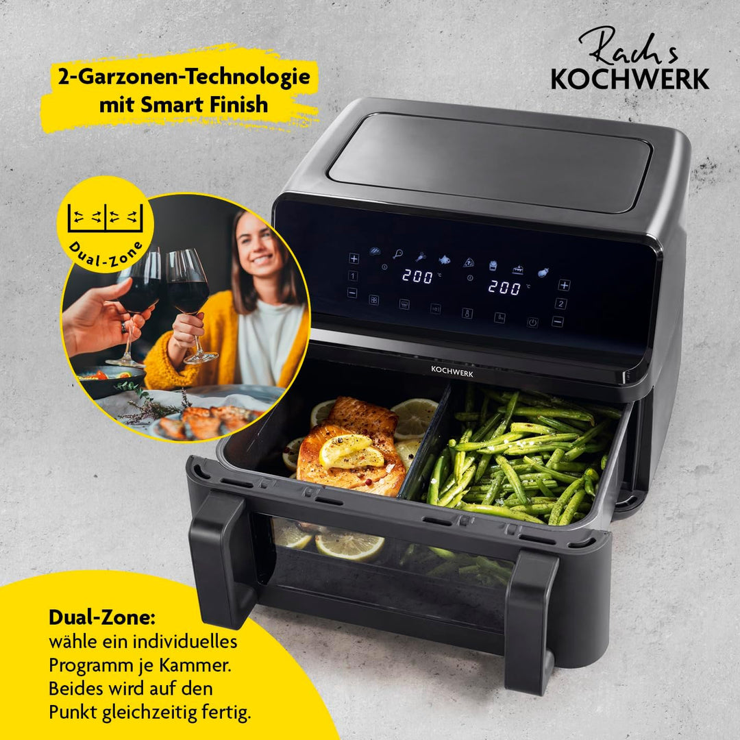 Rachs KOCHWERK Vario-Doppelkammer Heissluftfritteuse 9 L | Airfryer mit teilbarer Kammer, Touchscree