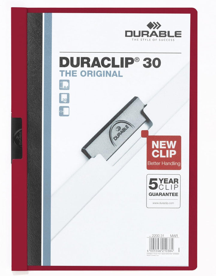 Durable Klemm-Mappe Duraclip Original 30 (für 1-30 Blatt A4), 25 Stück, aubergine/dunkelrot, 220031