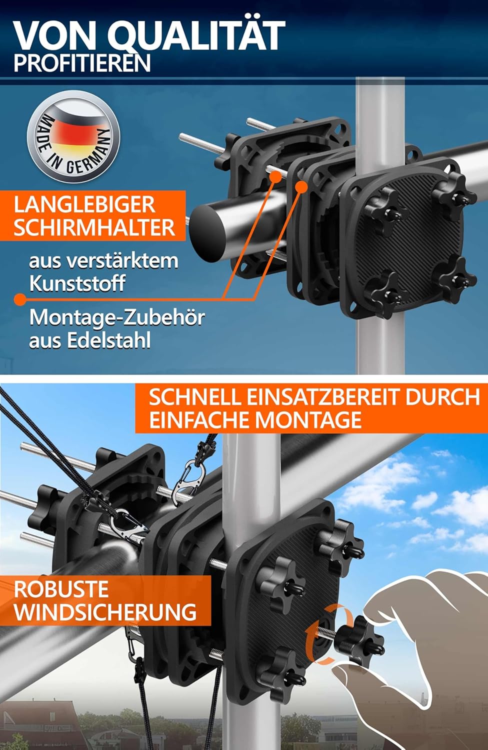 4smile 2 x Sonnenschirmhalter Balkongeländer SunnyGuy 2.0 mit Windsicherung, schwarz Stabiler univer
