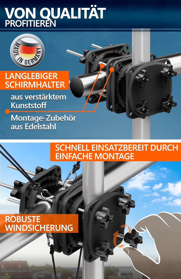 4smile 2 x Sonnenschirmhalter Balkongeländer SunnyGuy 2.0 mit Windsicherung, schwarz Stabiler univer
