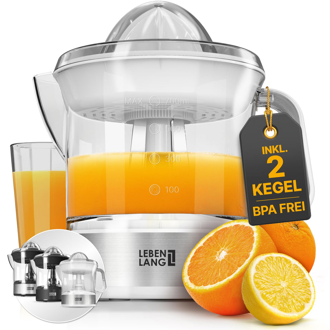 LEBENLANG Zitruspresse elektrisch - 2 Kegel &amp; BPA-Frei I Hohe Saftausbeute I 700ml Orangenpresse ele