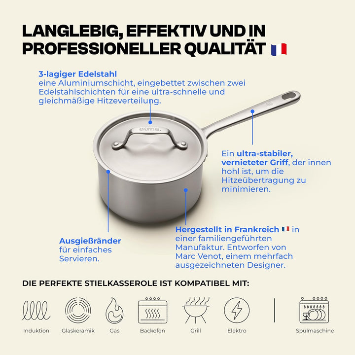 Atma – Edelstahl-Kochtopf-Set 3-teilig (16, 18, 20 cm) | Gesunde Küche ohne Antihaftbeschichtung | 3