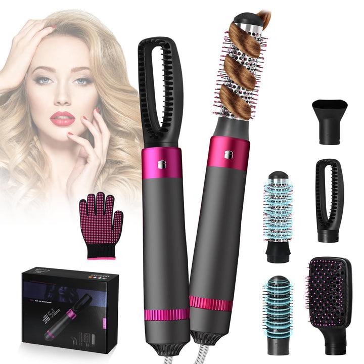 5-in-1 Lockenstäbe Lockenbürste Set, Warmluftbürste Rotierend mit Lockenstab, Set Haartrockner Hairs