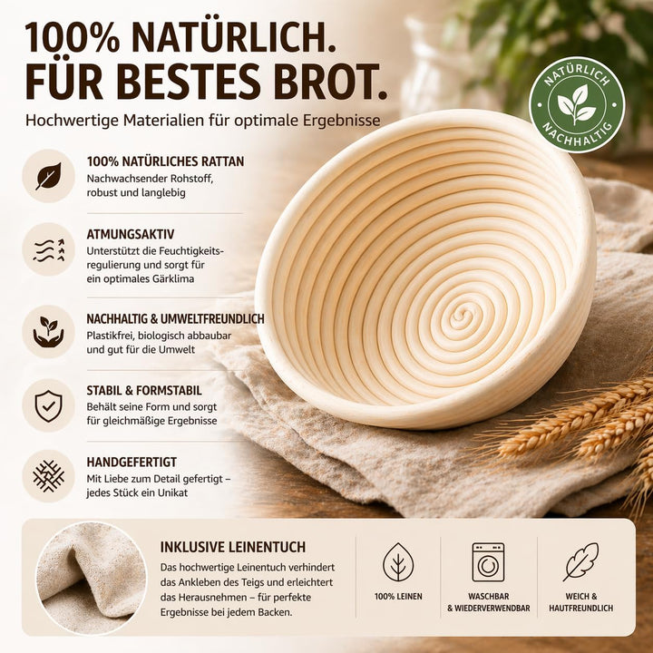 Gärkörbchen rund 23 cm aus Rattan mit Leinentuch – Brotgärkorb Banneton für Sauerteig & Hefeteig – p