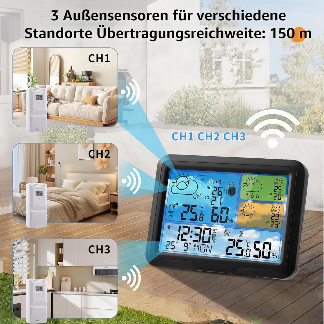 Wetterstation Wlan,Mit 3 Aussensensor &amp; Wettervorhersage,Mit App Tuya Und Smartlife,Digital Farbdisp