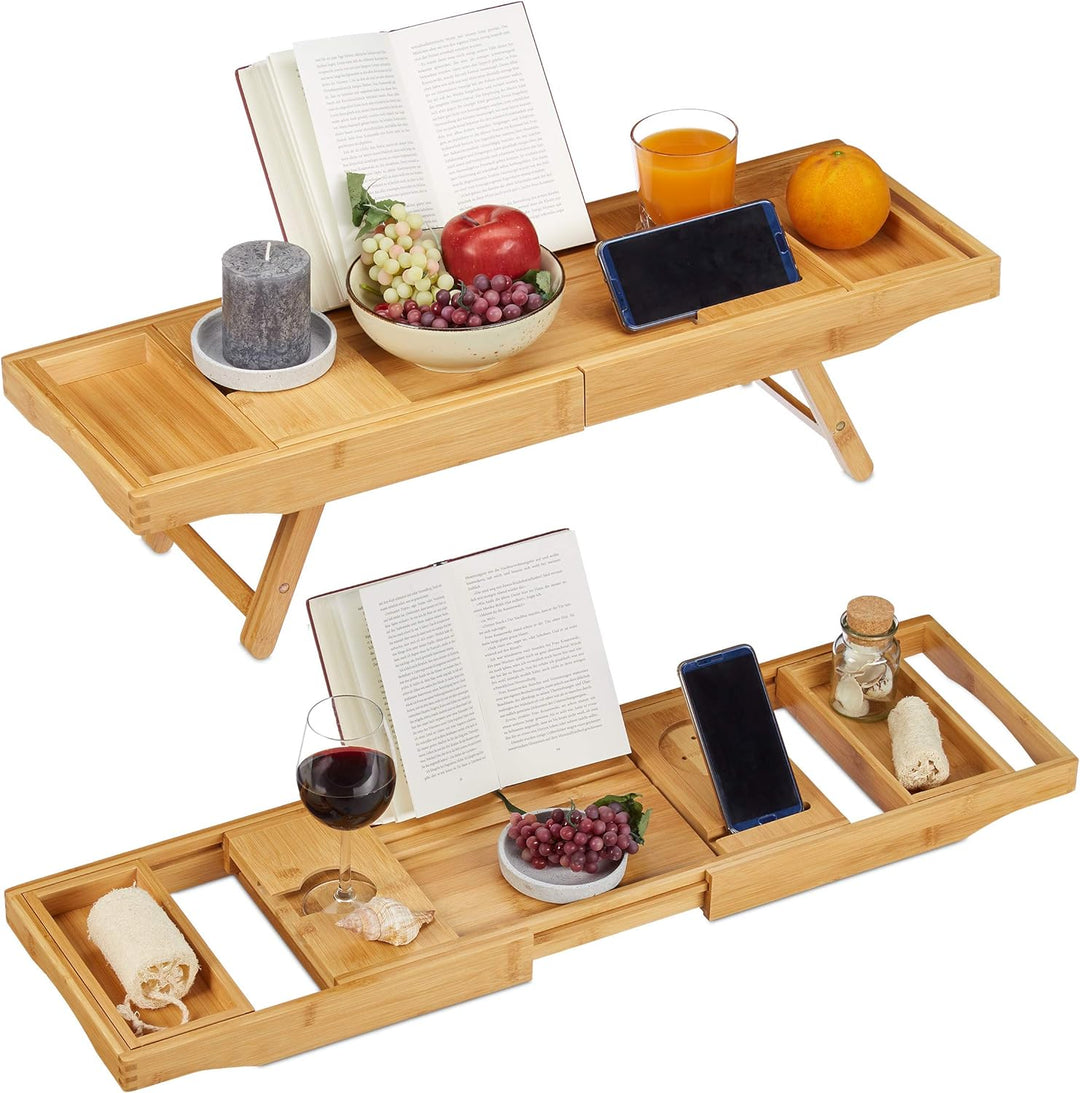 Relaxdays Bambus Badewannenablage & Tablett 2in1, Buchstütze, Weinhalter, Wannenablage, 74,5-114 cm