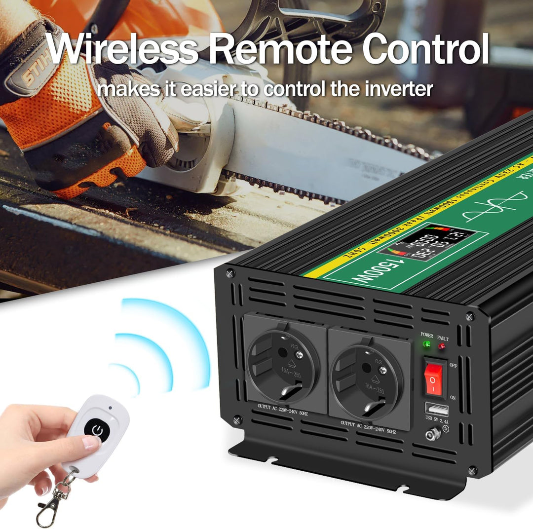 JIGUUN 1500W Wechselrichter Reiner Sinus Spannungswandler 12V 230V Inverter mit 2 EU Steckdosen& 2.1