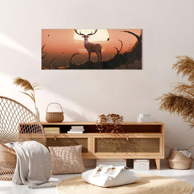 Panorama Bilder auf Leinwand 100x40cm Leinwandbild Hirsch Geweih Hörner Gross Wanddeko Bild Schlafzi