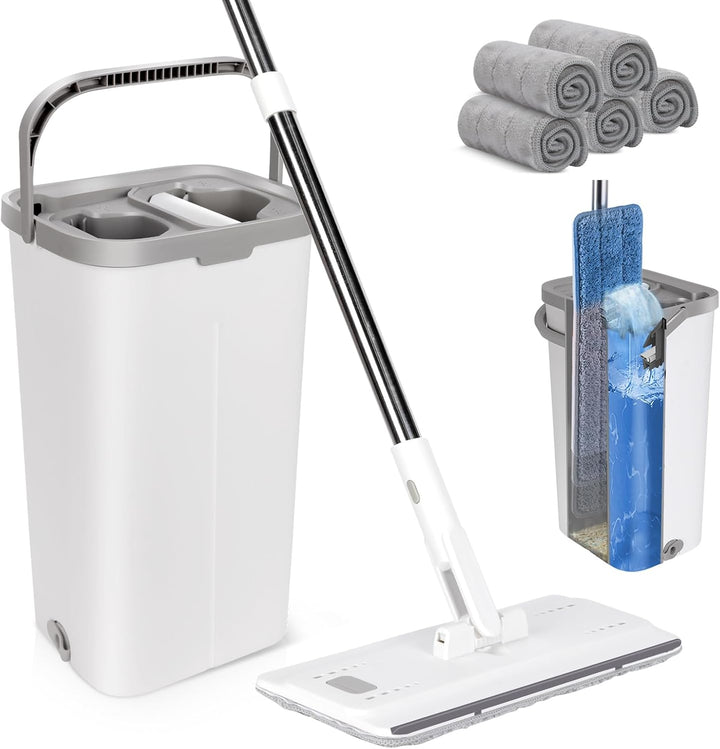 MASTERTOP Wischmopp Set mit Eimer, Flach Bodenwischer mit 140cm Verstellbarer Griff und 10 Mikrofase
