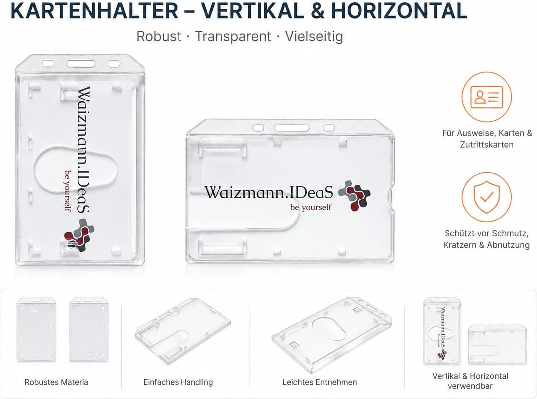 Waizmann.IDeaS® 50x Kartenhalter Ausweishülle Ausweishalter Hartplastik Polycarbonat Namensschild Da