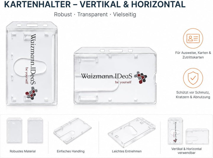 Waizmann.IDeaS® 50x Kartenhalter Ausweishülle Ausweishalter Hartplastik Polycarbonat Namensschild Da