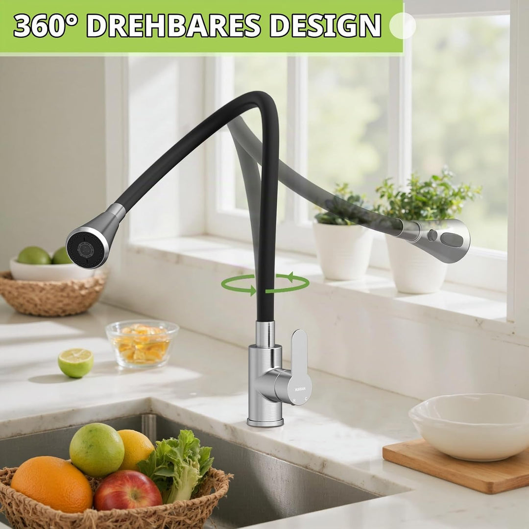 Hurran Flexibler Wasserhahn Küche mit 3 Sprühmodi, 360° Schwenkbare Küchenarmatur, Einhebelmischer a