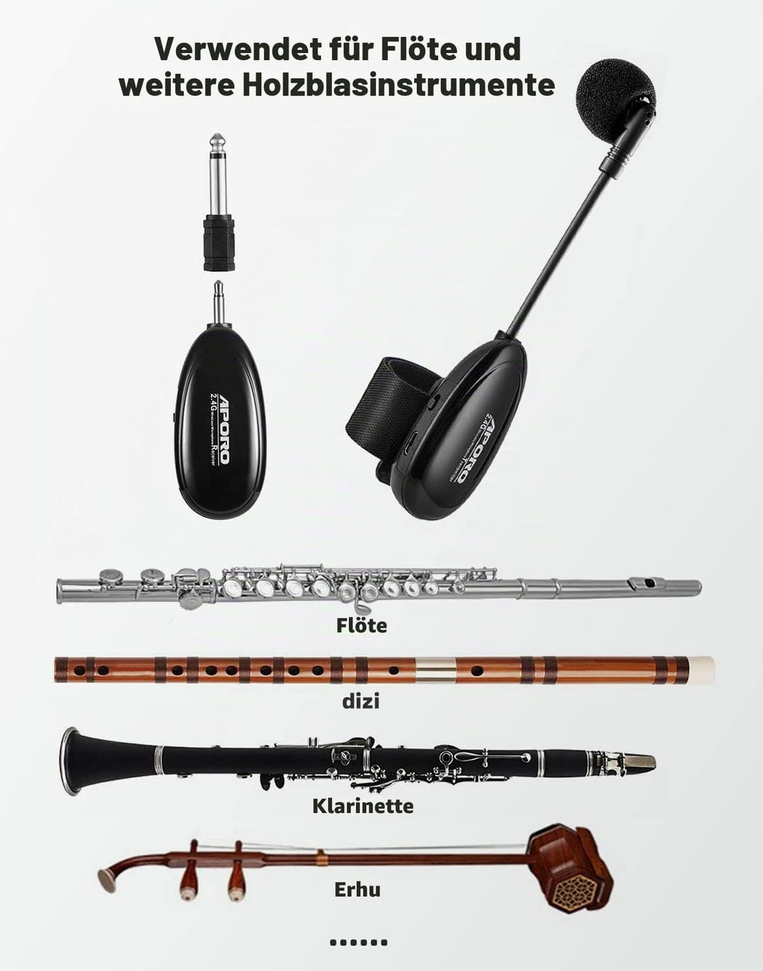2.4G Drahtlos Flute Mikrofon Umbinden Musikinstrumente Mikrofon, Drahtloser Empfänger und Sender, fü